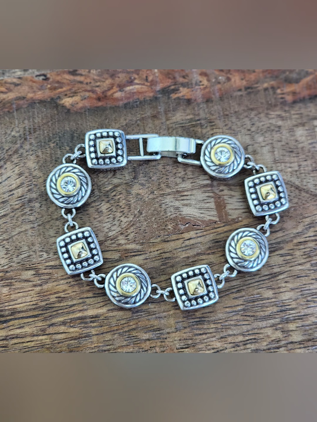 Brighton Reversible Mixed Metal Crystal Heart Link Bracelet Silver Gold Tone